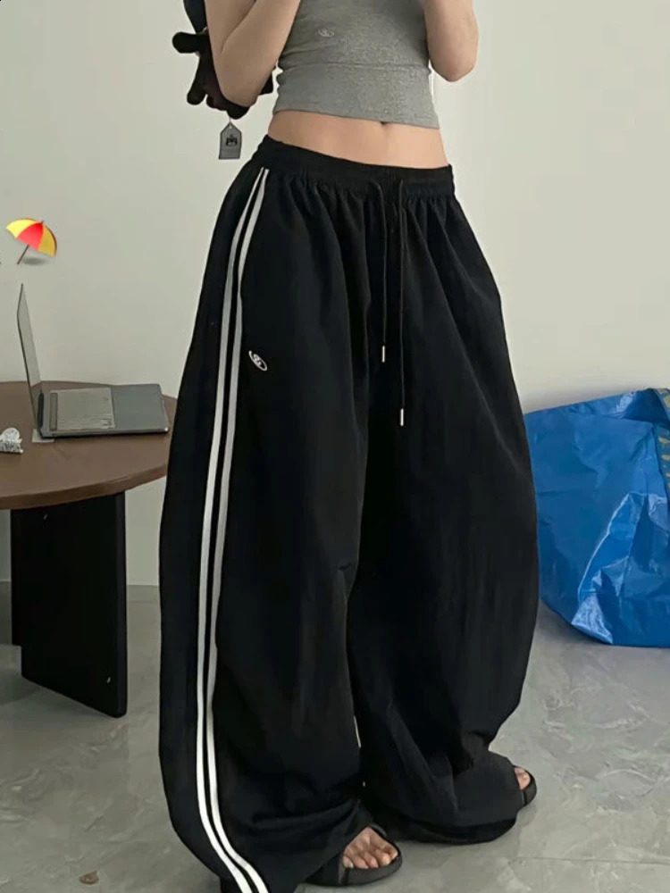 Adagirl white striped womens Y2k retro loose embroidered high waisted Kpop wide leg sports pants hip-hop casual sports pants 250327