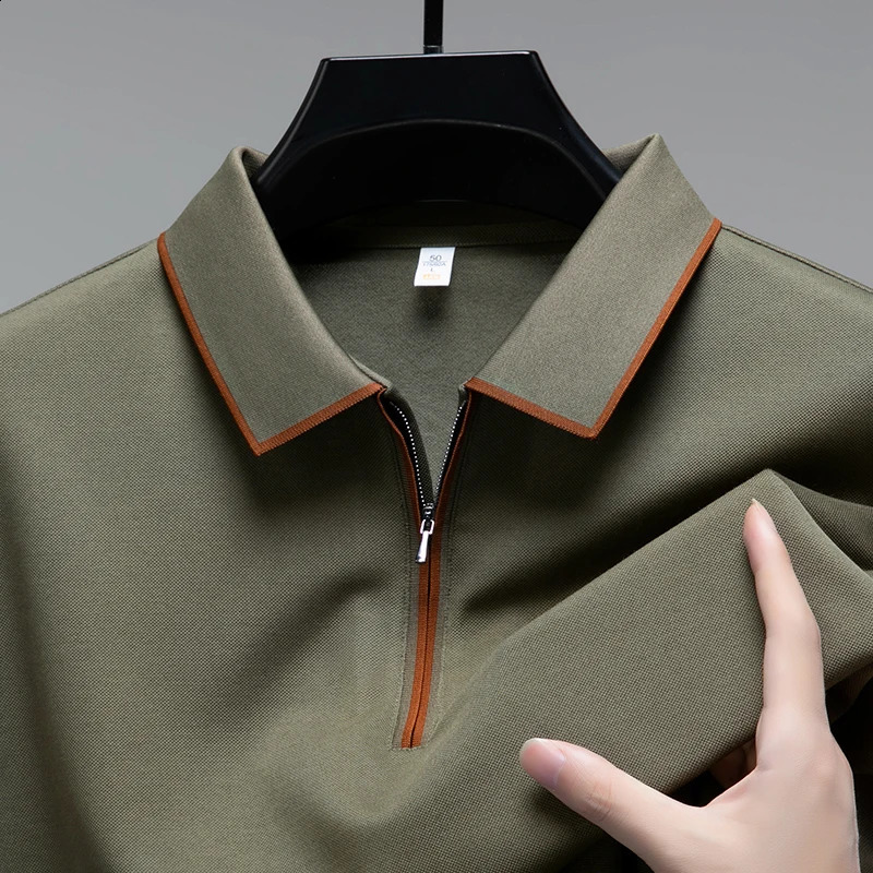 Lightweight long sleeved mens polo shirt with automatic fashion lapel and half zipper n premium silk casual Tshirt 250321
