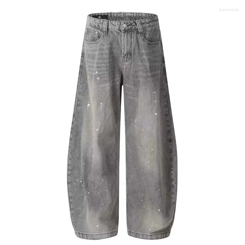 Mens Jeans Spring And Autumn Retro Washed Vintage Grey Splash Ink Curved Knife For Men Women Trendy Brand American Street Loose P