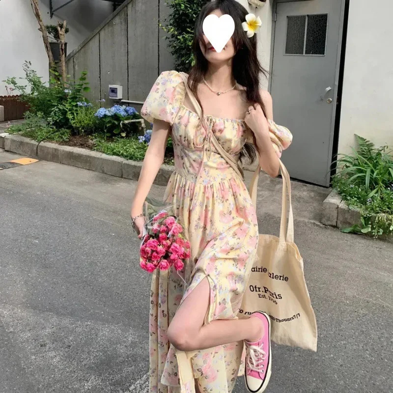 Sweet n Sense Waist Fold Bubble Sleeve Split Long Knee Summer Womens Super Dress 250327