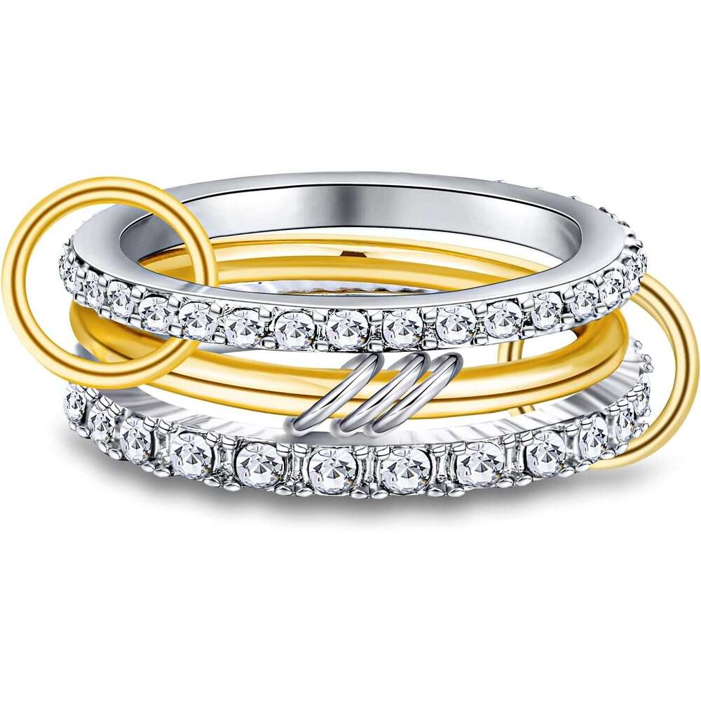 Stackable for Women Gold Plated Statement Dainty Interlocked Cubic Zirconia Band 3 Multi-k Rings Set