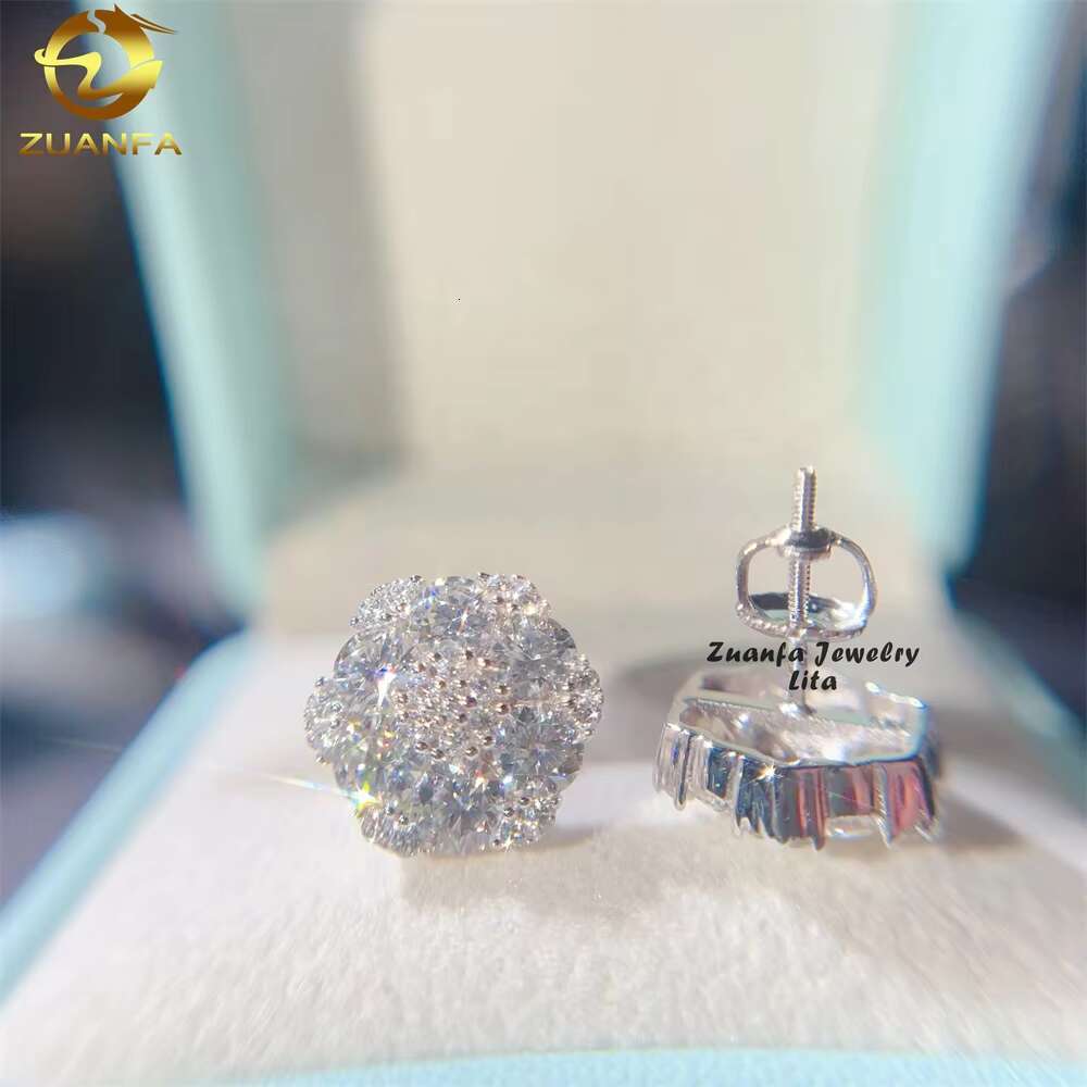 High Quality Big VVS Diamond Hip Hop Iced Out Silver 925 Flower Stud Moissanite Earrings
