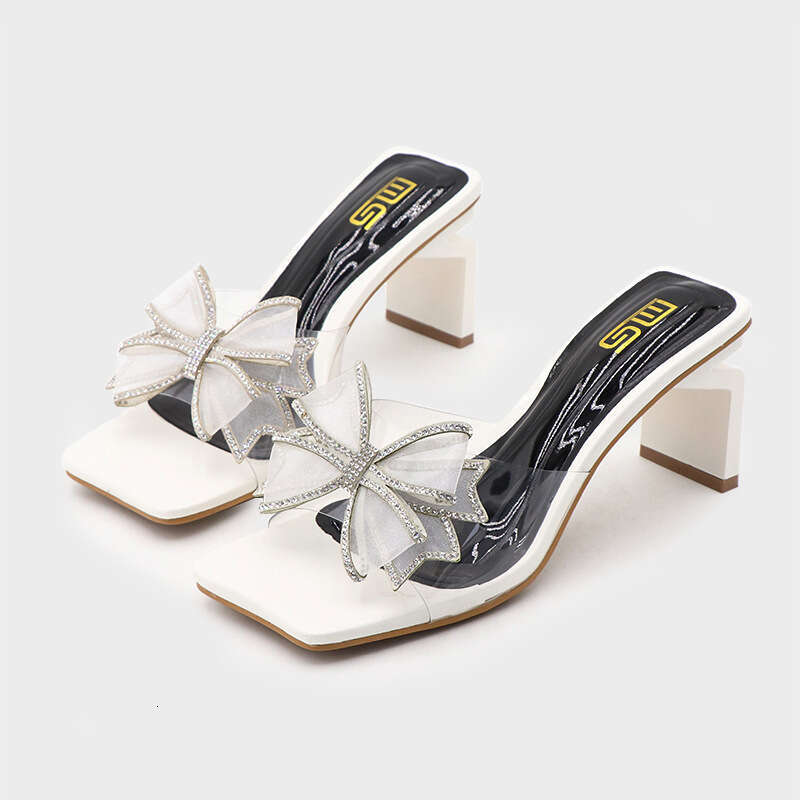 Heel Sandals Korean Version Summer New Coarse Heel Bow Semi Transparent Rhinestone Women S Shoes Wearing High Heels And Straight Sandals For Women