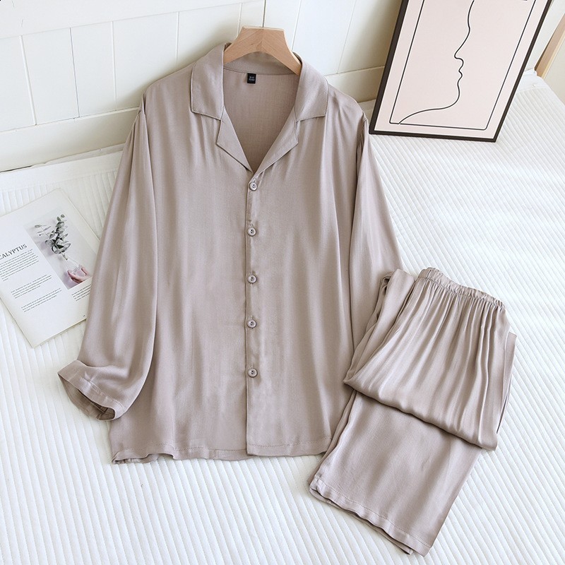 High quality satin cotton couple sleepwear womens spring and summer thin solid color home clothes mens long sleeved pants set 240827