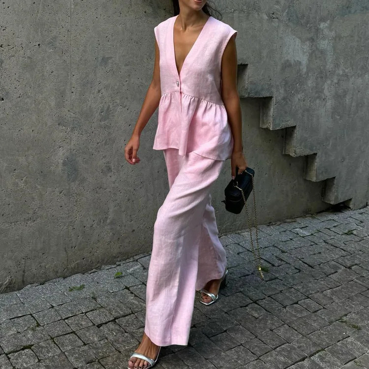 Fashion Pink Cotton Linen 2-piece Womens Summer Fashion Elegant Dress Sleeveless Ruffle Vest Loose Long Leg Pants Set 250327