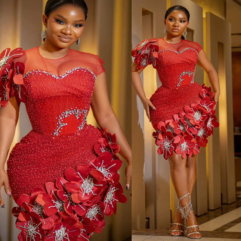 2025 Aso Ebi Red Cocktail Dresses For Women Short Prom Dresses Mini Dresses Birthday Dresses Appliqued Beaded Sequined Lace Flora Gowns For Special Oc
