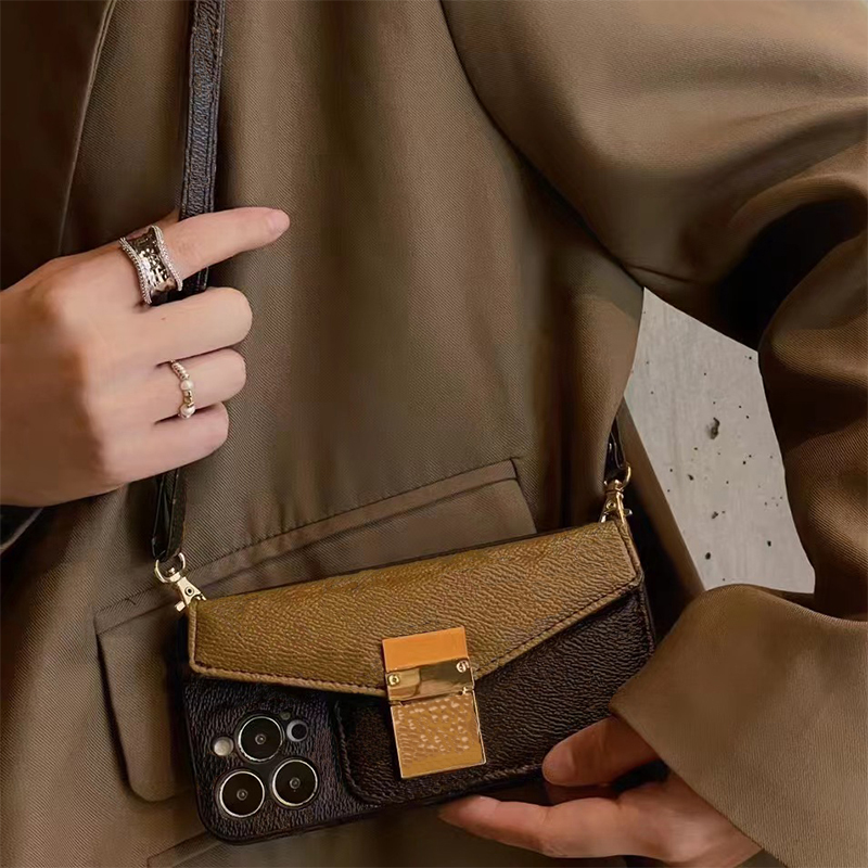 Luxury Leather Crossbody Designer Phone Case for iPhone 16 Pro Max 15 Promax 14 Plus 13 Chain Shoulder Strap Snap-on Closure Back Cover Funda Coq