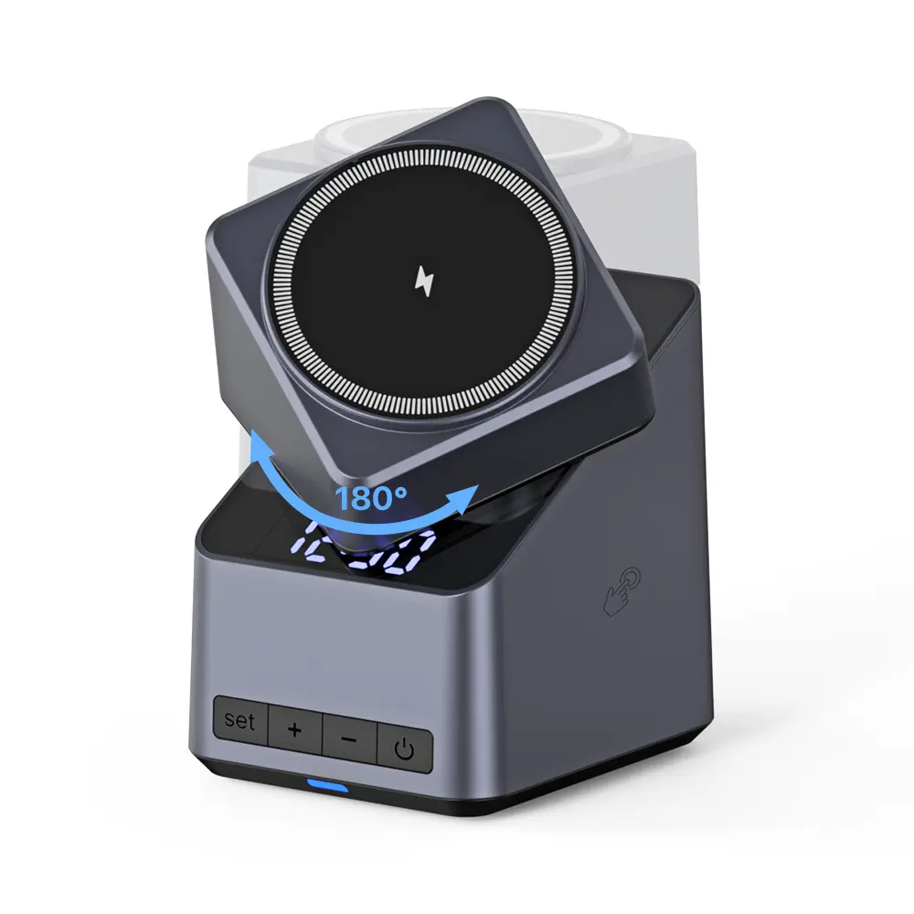 4-in-1 Magnetic Wireless Charger Stand with Auto-Rotating Phone Holder, 15W Fast Charging, LED Desk Clock & Touch Control | Smart Desk Organizer