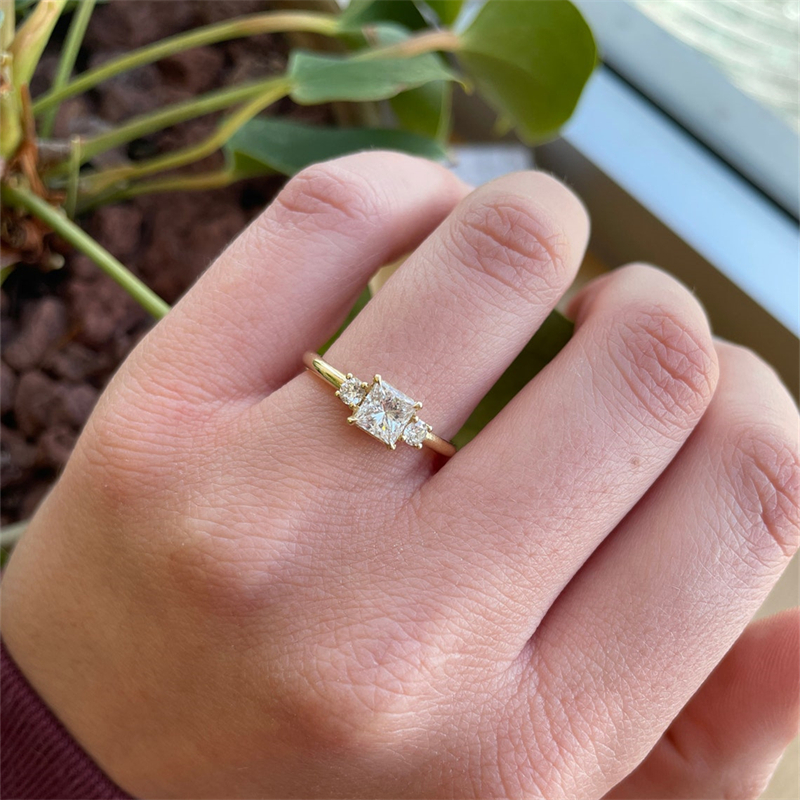 Jewelry 0.8 Carat Square Princess With Round Lad Diamond 100% Real Gold Womens Wedding Ring 14K Yellow Gold Fashion Design Engagement Ring For Women