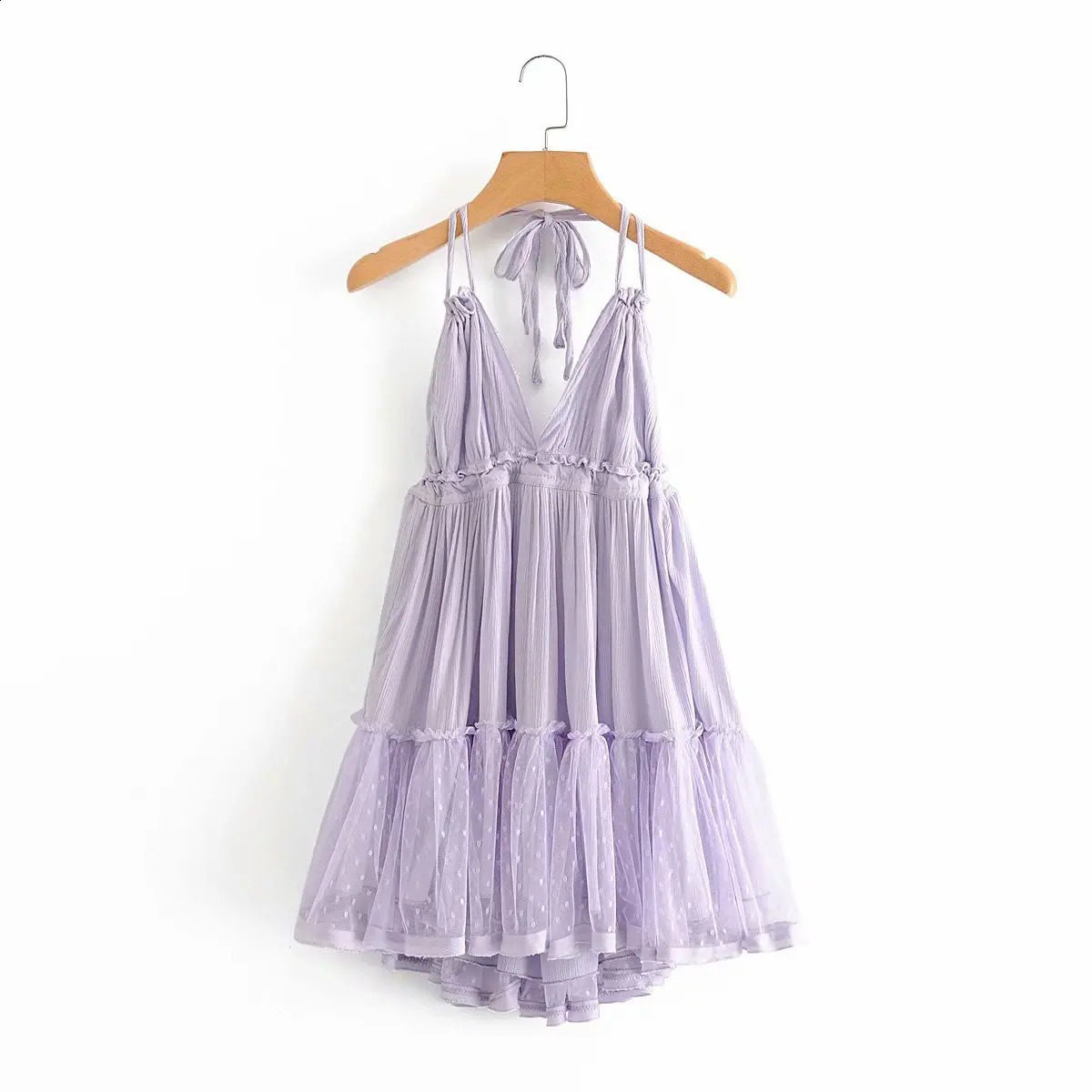 BOHO womens lace camisole collar with fungus patch work mesh pleated mini dress swinging hem backless holiday robe 250327