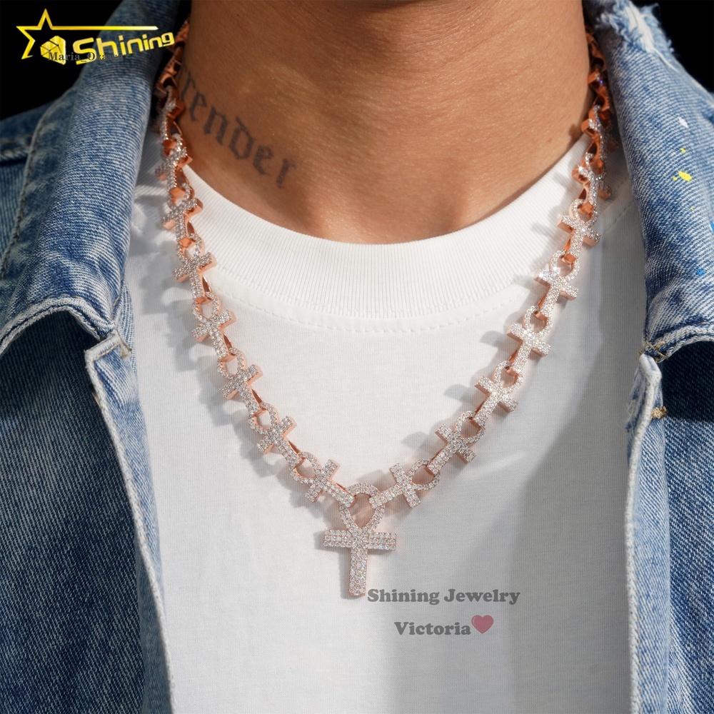 Hip Hop Rock Style Rapper Fashion Jewelry Personalized Custom Ankh Necklace Iced Out Moissanite Cross Pendant Cuban Chain