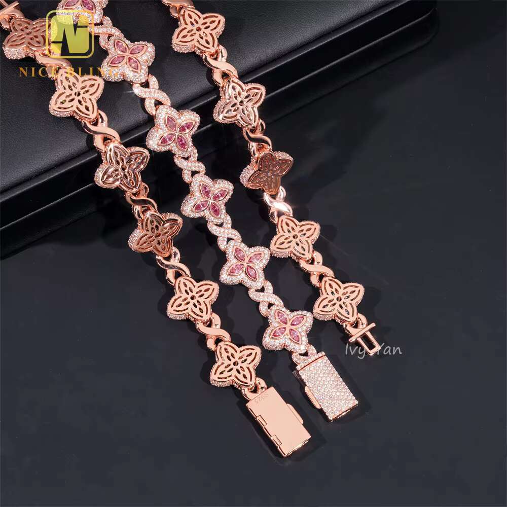 Rich Color Luxury Flower Design 18mm Custom Iced Out Hip Hop Unisex Jewelry Cuban Link Chain 925 Silver VVS Moissanite Bracelet