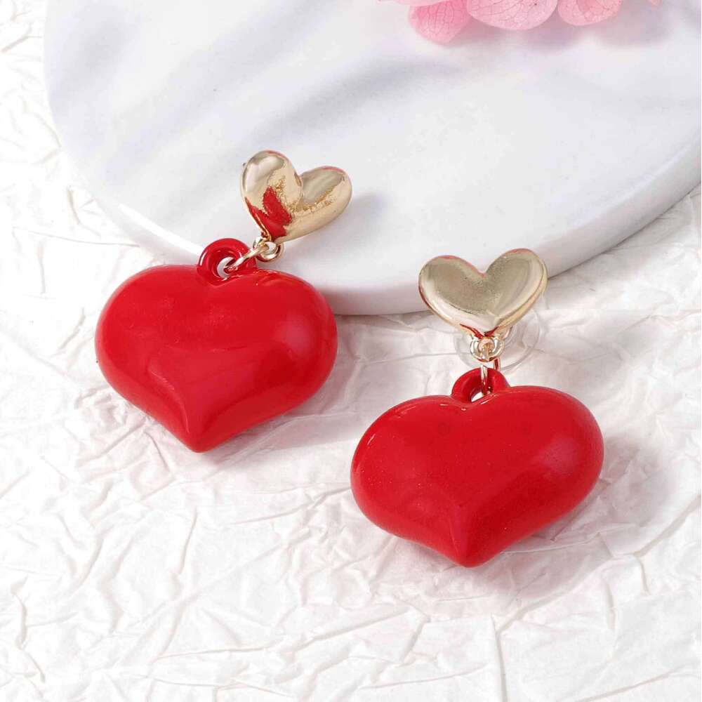 Retro Red Enamel Heart Drop Earrings Minimalist Stylish Sexy Versatile Women Daily Wear