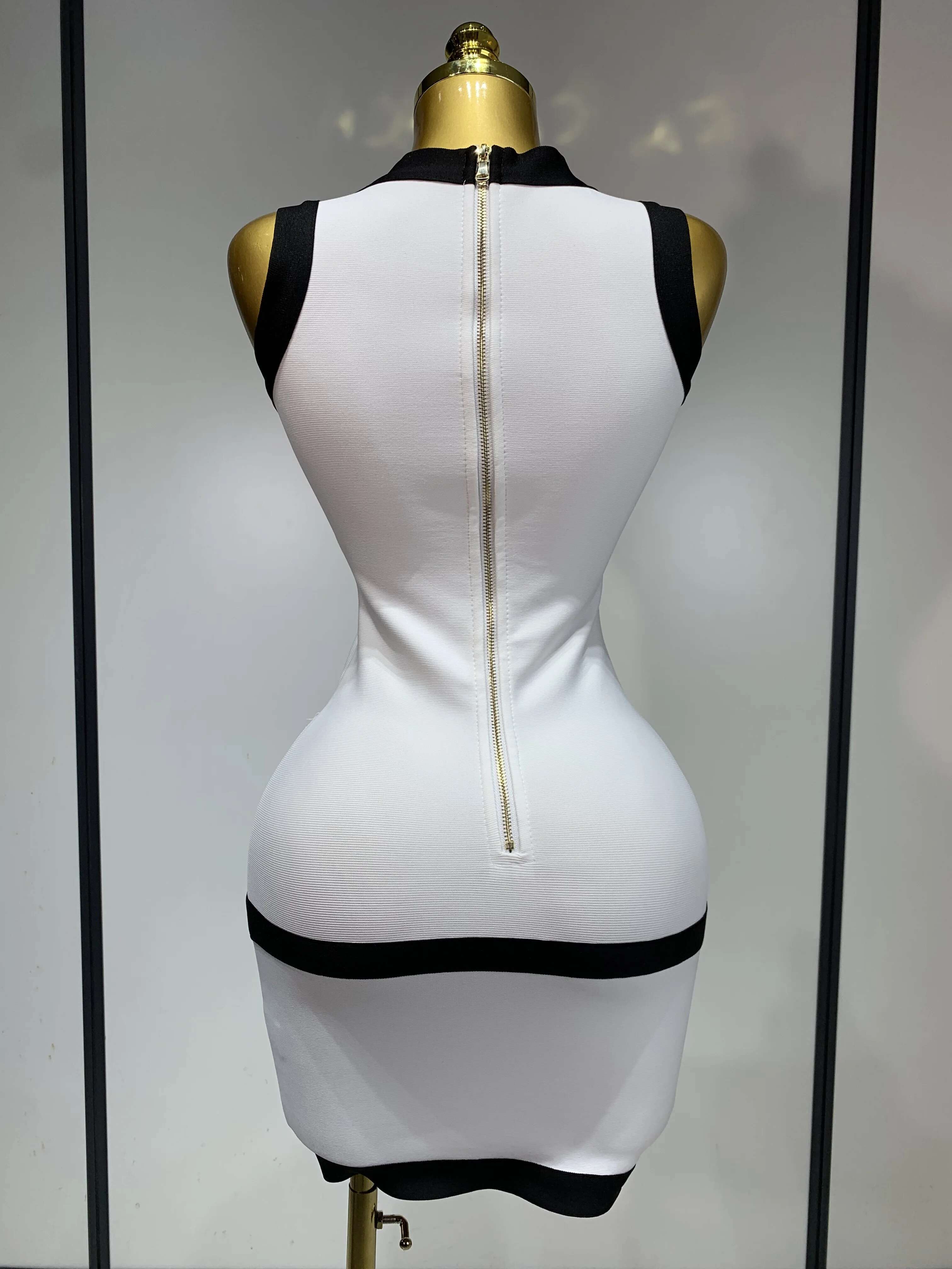 Women Sexy Backless Black White Button Mini Bandage Short Celebrity Elegant Evening Party Holiday Club Dress