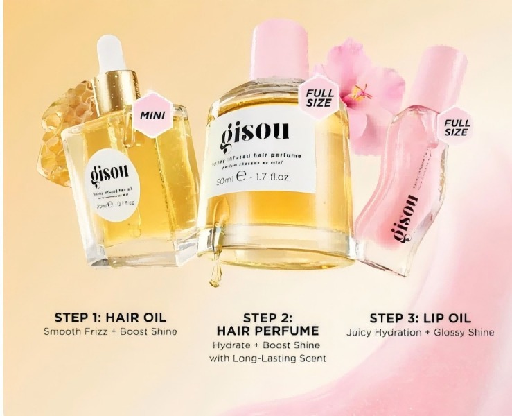 Skin Care gisou 4 sets Honey Infused Lip Oil Hair Perfume with Floral Scented Hair Mask Hair Fragrant Moisturized Soft and Shiny for Women
