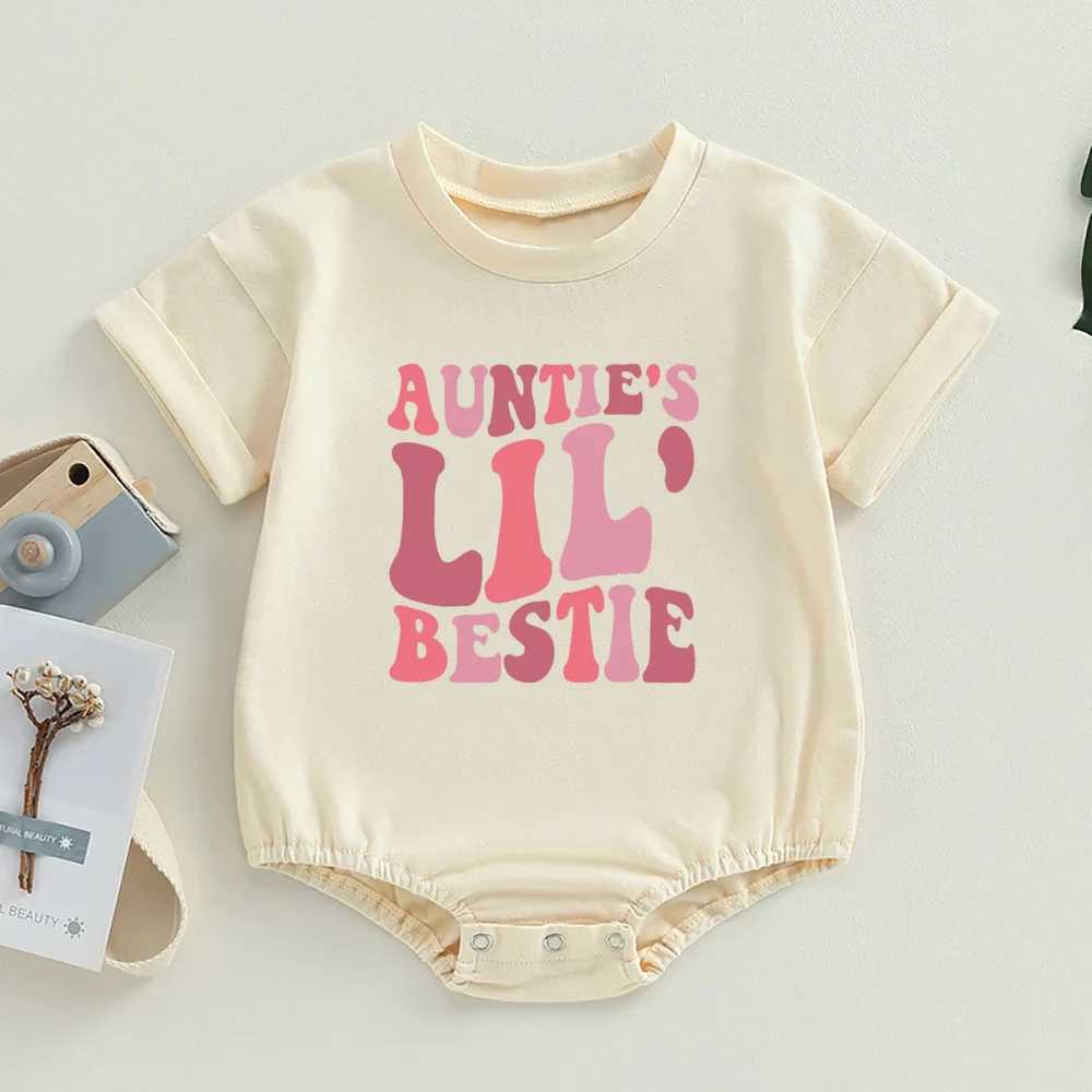 Aunties Little Bestie Bubble Romper Newborn Baby Girl Boy Clothes Summer Short Sleeves Crewneck Cute Tight Top Z250331