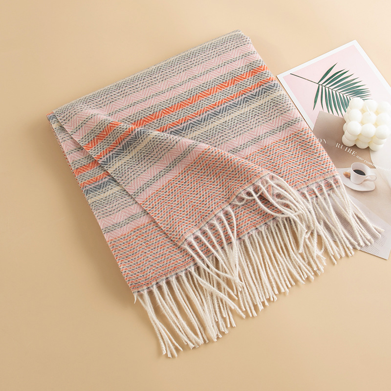K273 Japanese and Korean color striped imitation cashmere tassel scarf for women cross-border high-end contrast color versatile thick warm neck scarf
