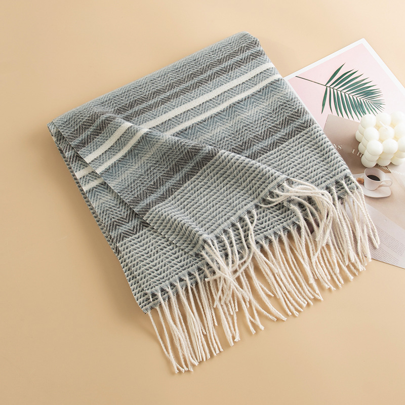 K273 Japanese and Korean color striped imitation cashmere tassel scarf for women cross-border high-end contrast color versatile thick warm neck scarf