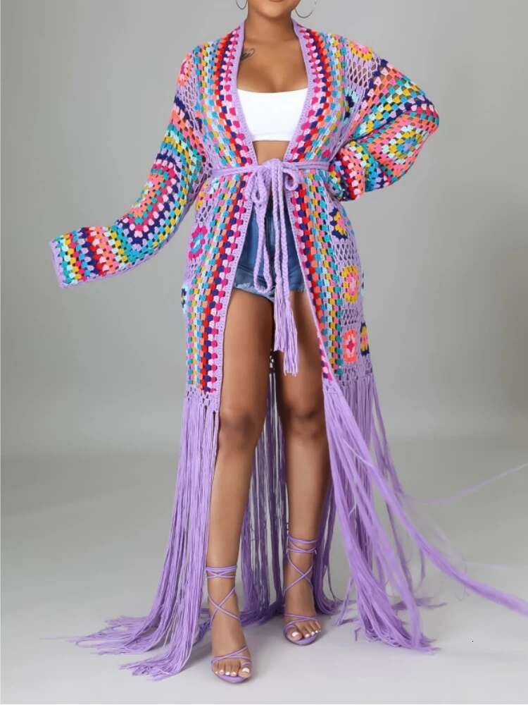 hoodie Women's Cardigan Handmade Crochet Beach Cover Coat Loose And Irregular Tassel Shirt Tie Up Mixed Color Pure Hand Hook Jackets jacket