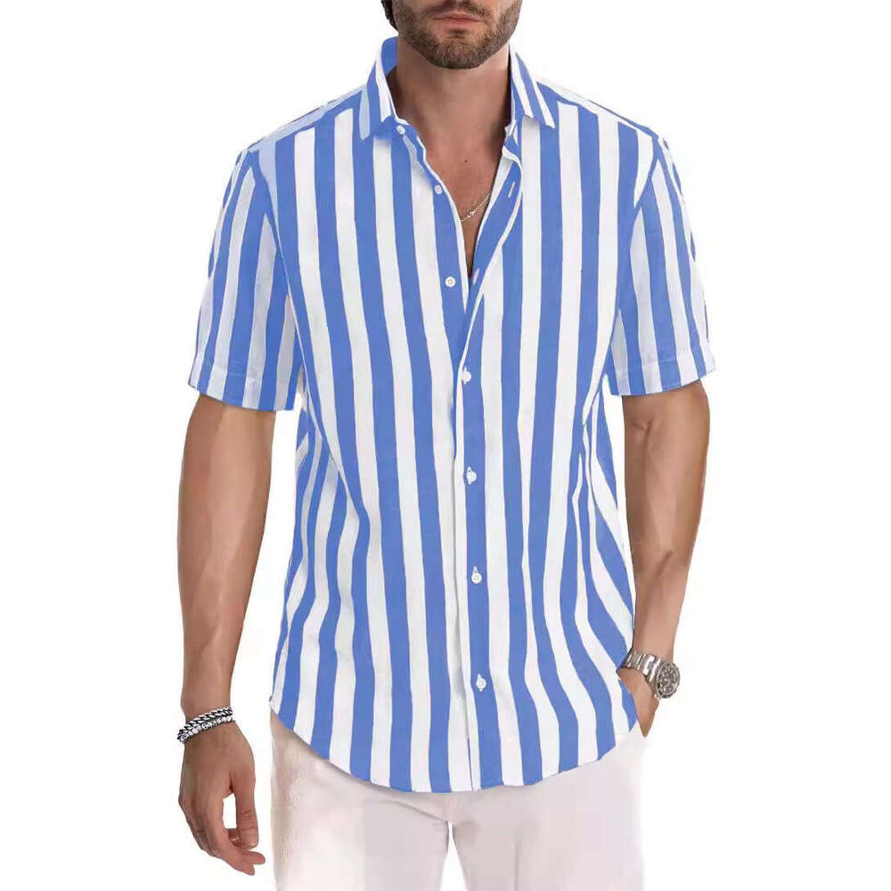 Ins Summer European and American Men's Beach Color Weaving Striped Collar Short Sleeve Shirt 2025 New Casual Fashion Trendy Clothing