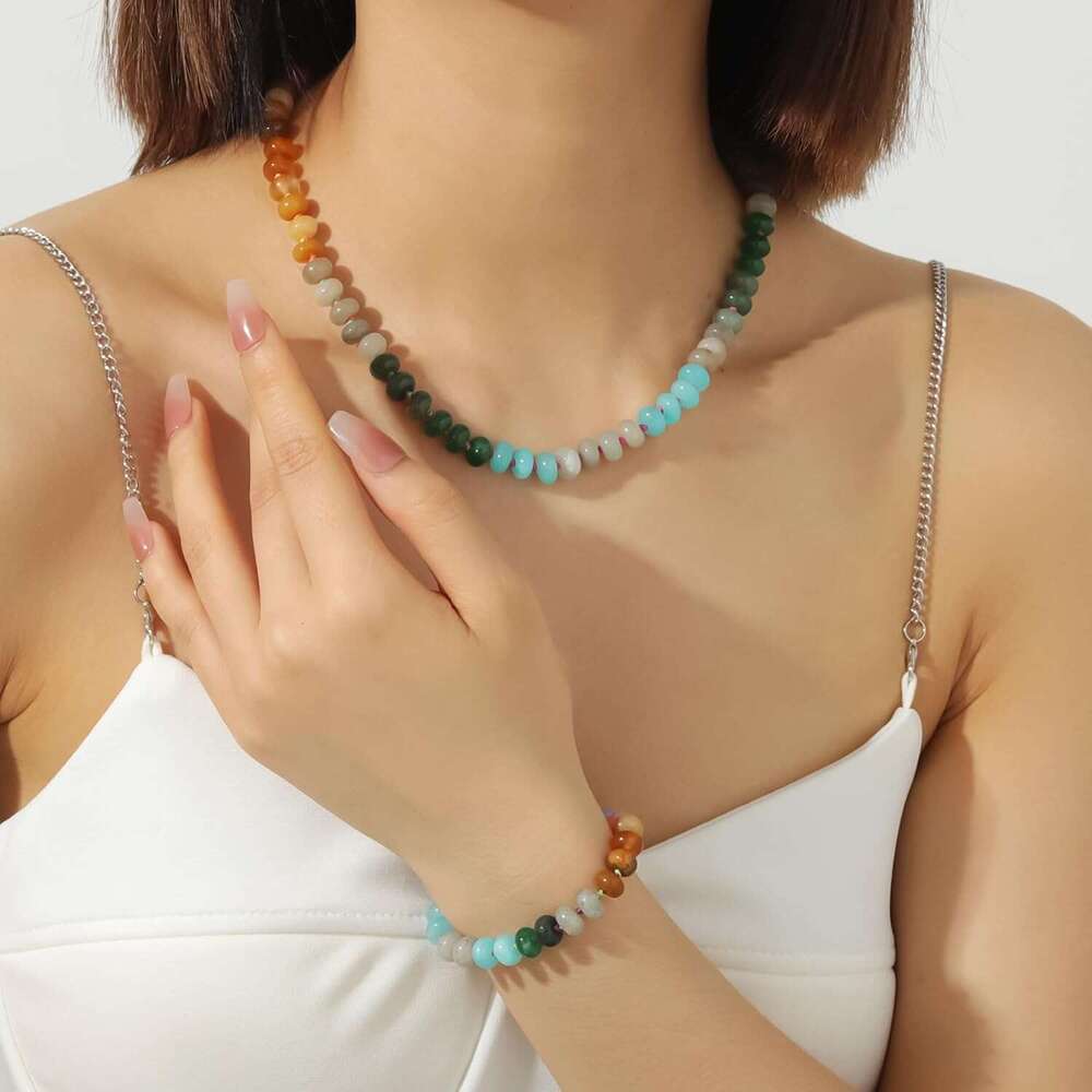 Beaded Gemstone for Women, Colorful Boho Bead Choker Natural Stone Freshwater Pearl Surfer Beach Necklace 14K Gold Plated Summer Handmade Jewelry Gift