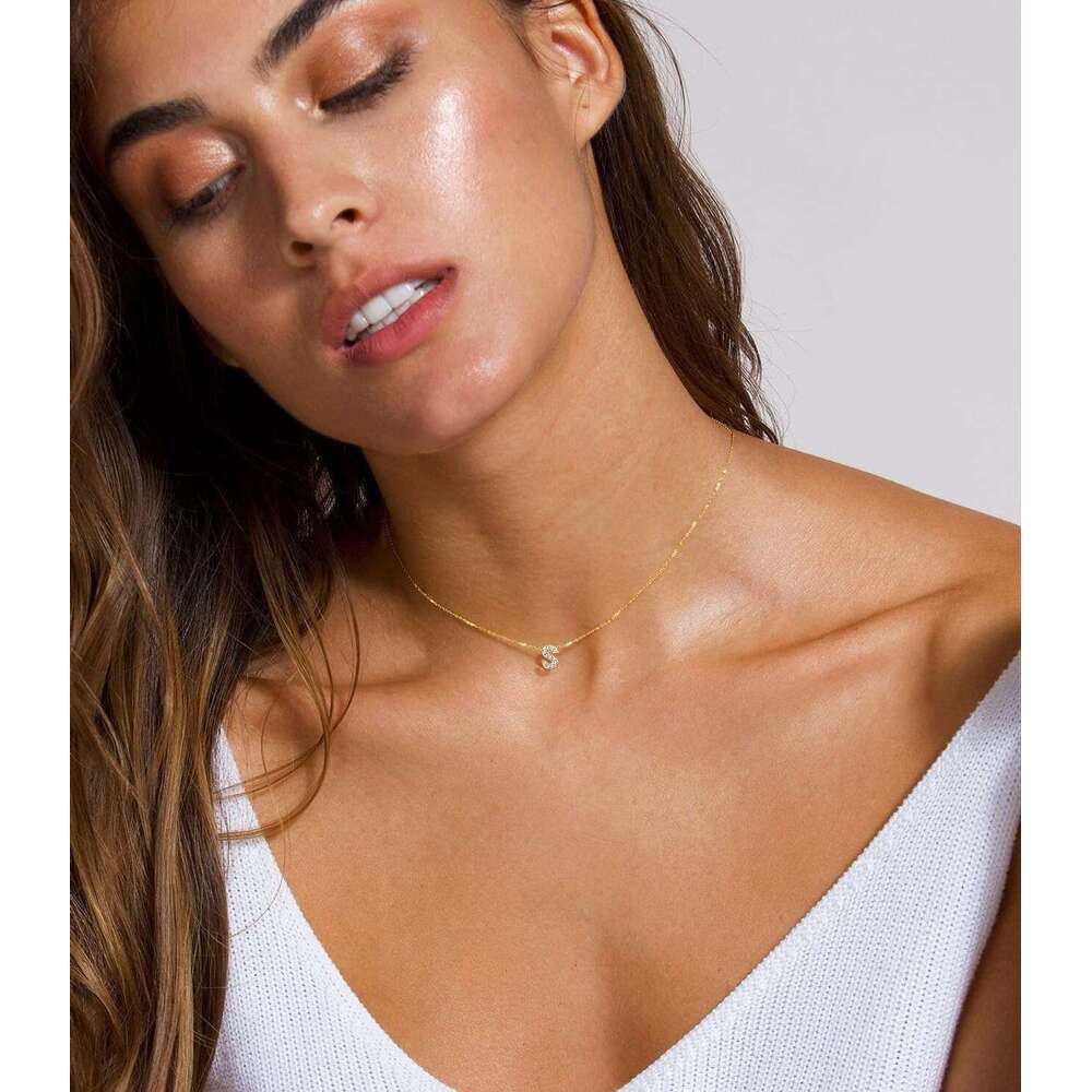 Women Dainty Simple CZ Initial Choker Necklace Tiny Letter Pendant Monogram Name Trendy Gold Alphabet Necklaces for Teen Girls Gift