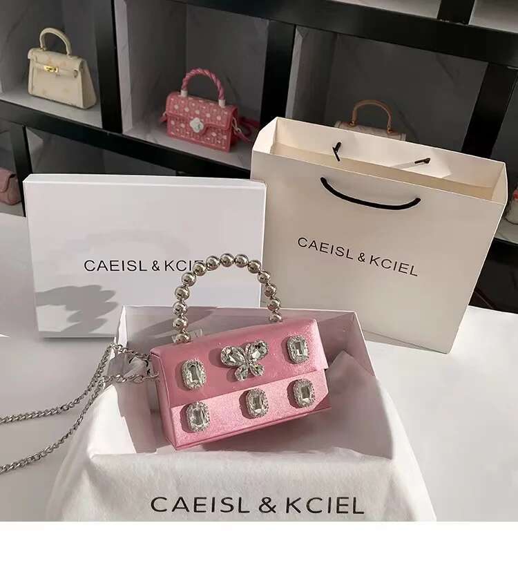 High Quality Satin Square Box Women Handbag Crystal Shiny Rhie Dia Evening Dinner Party Clutch Purse Messenger Bag