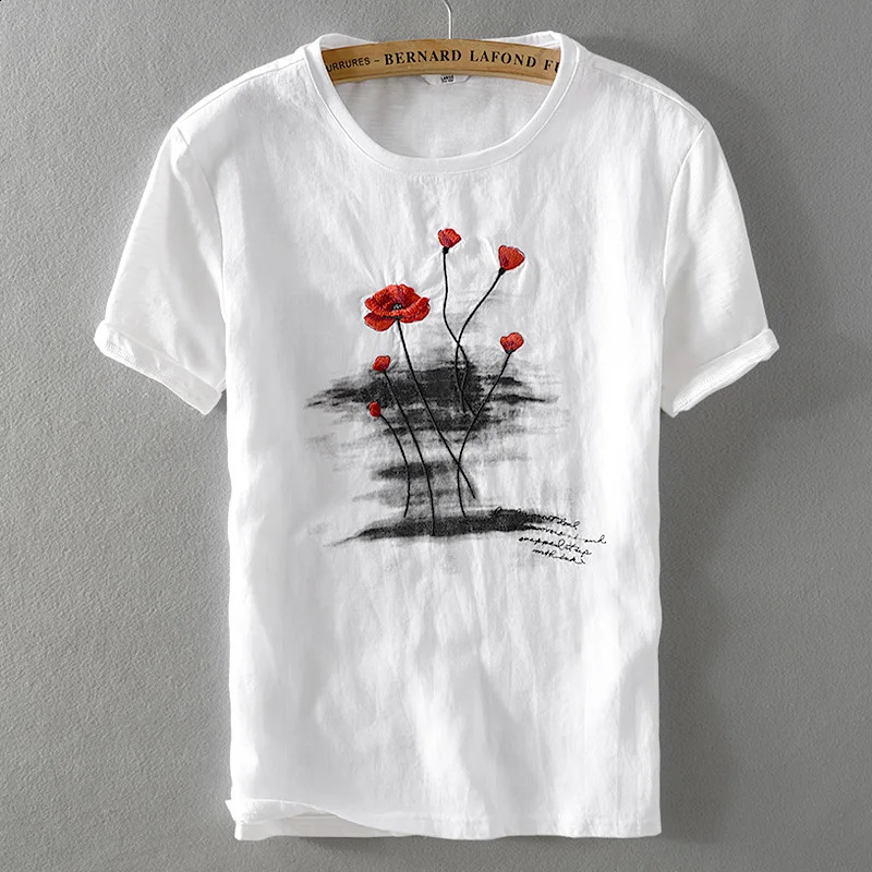 Italian mens linen t-shirt classic round neck casual white t-shirt mens short sleeved embroidered t-shirt 250328