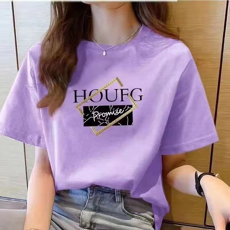 Designer women's T-shirt with pure cotton short sleeves for the summer of 2025Korean version loose round neck top, printed versatile plus size tr