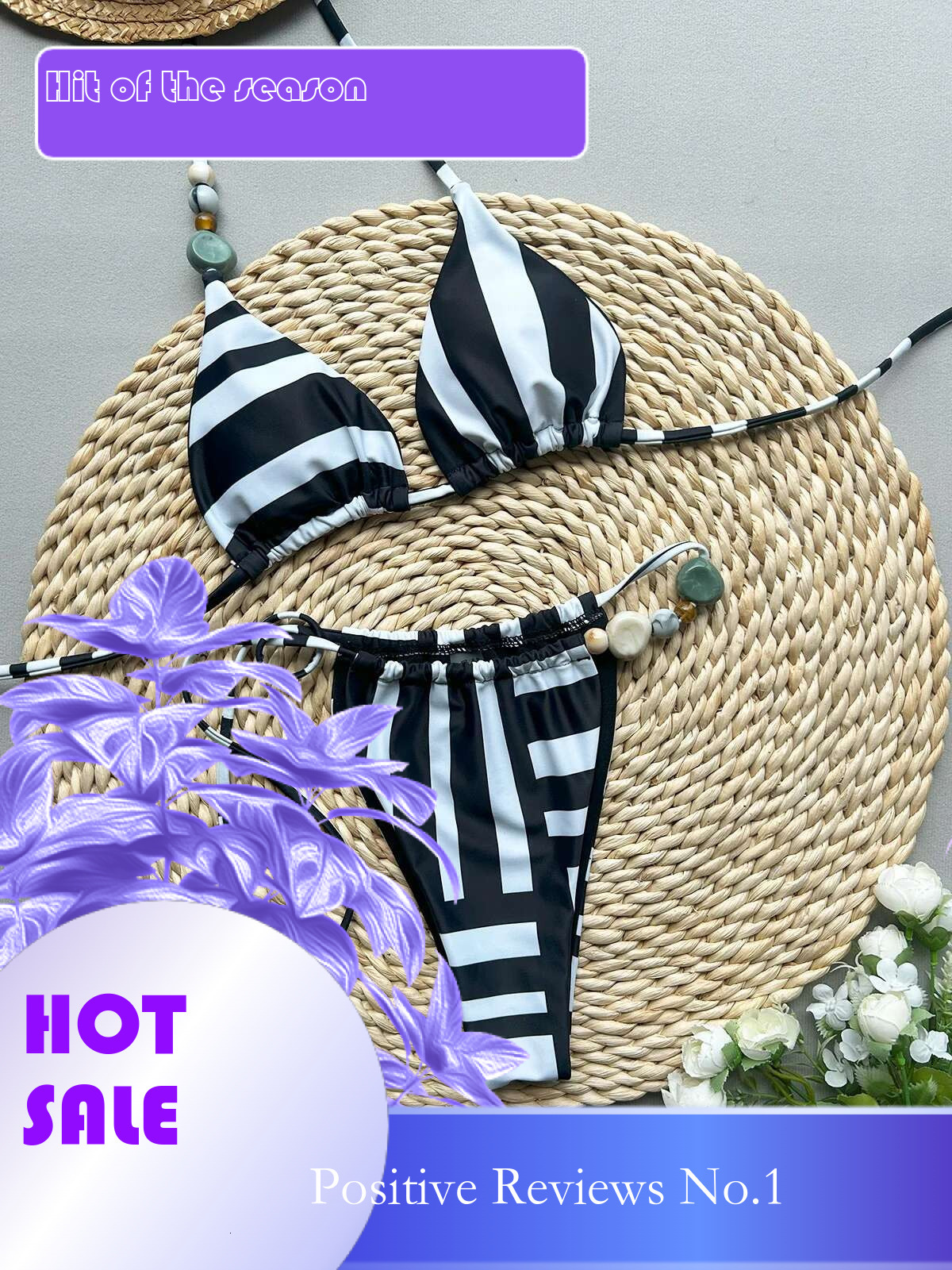 Dongdumaoyi Sexy Black White Striped Micro Bikini Women Bead String Strap Push Up Pleate Thong Swimsuit Bathing Suit Holiday Swimwear