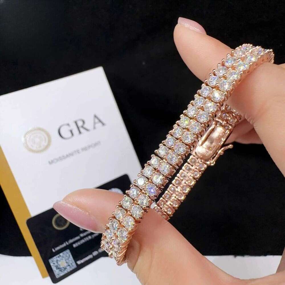 New design two rows real gold plated bracelet sterg sier vvs moissanite hip hop jewelry lab dia tennis chai