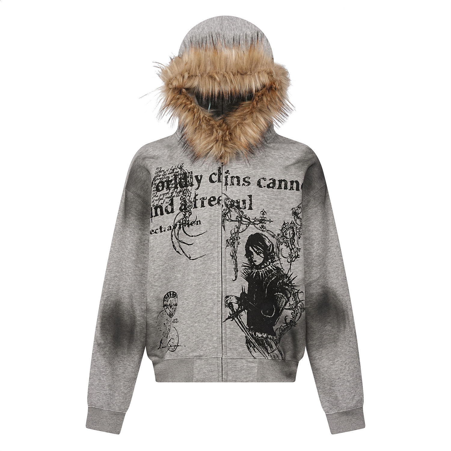 2025 Street fashion Winter personality print zipper hoodie for men Y2k Harajuku vintage fur collar warm loose jacket 250102