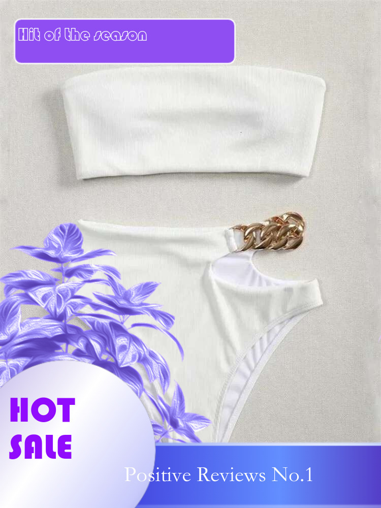 Dongdumaoyi Bandeau Bikini Women Sexy White Black Cut Out Metal High Waist Swimsuit Female Off Shoulder Bathing Suit Swimwear Beachwear