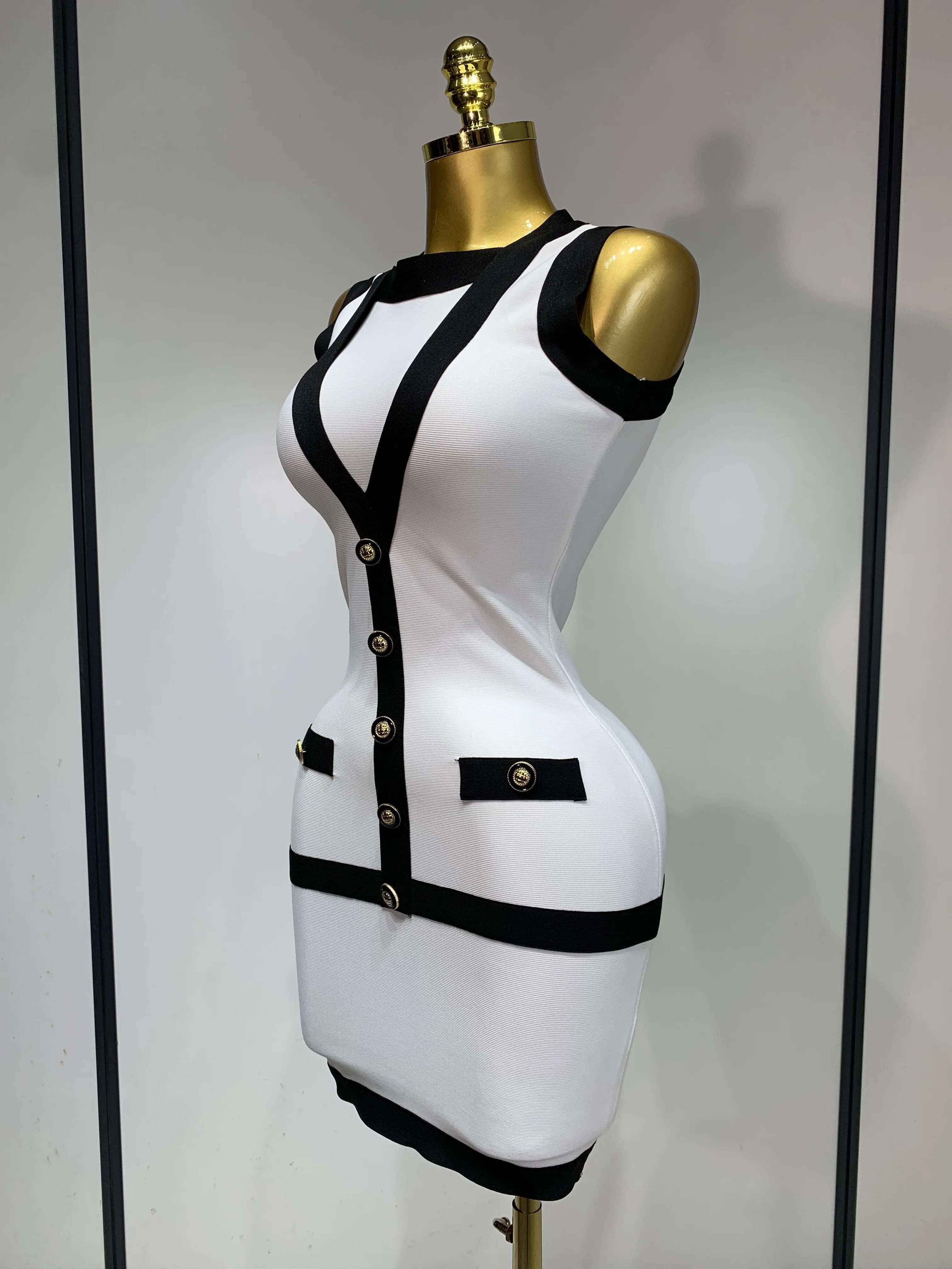 Women Sexy Backless Black White Button Mini Bandage Short Celebrity Elegant Evening Party Holiday Club Dress