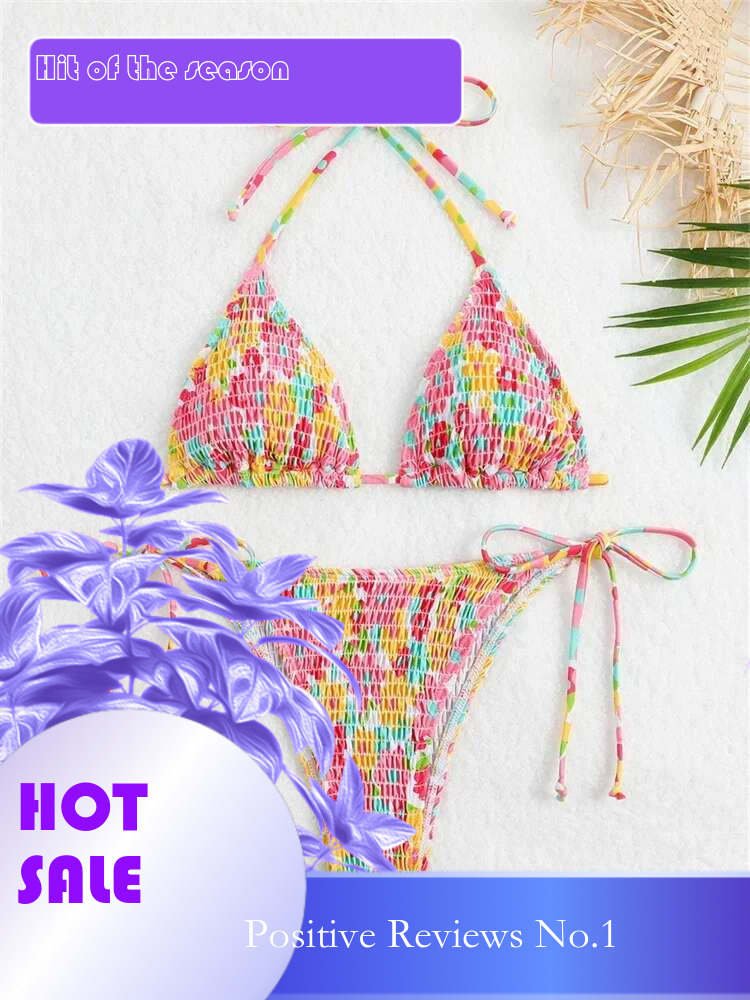 Dongdumaoyi Sexy Micro Bikini Women Pink Floral Print Pleate Tie Side Triangle Swimsuit Brazilian Halter Push Up Bathing Suit Swimwear