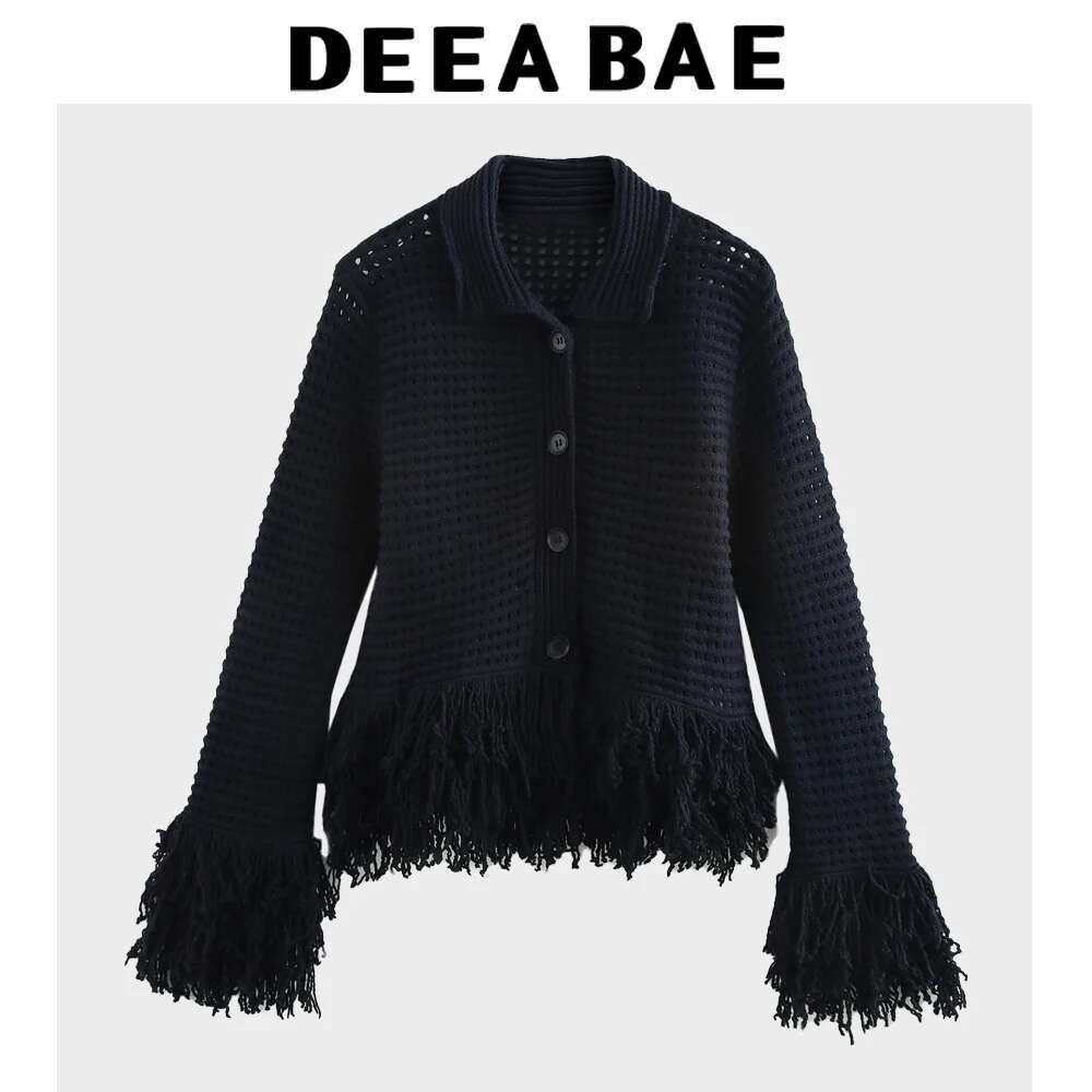 DEEABAE Korean Version Women's Tassel Embellishment Temperament Lapel Long Sleeved Knitted Cardigan High Waisted Skirt Set