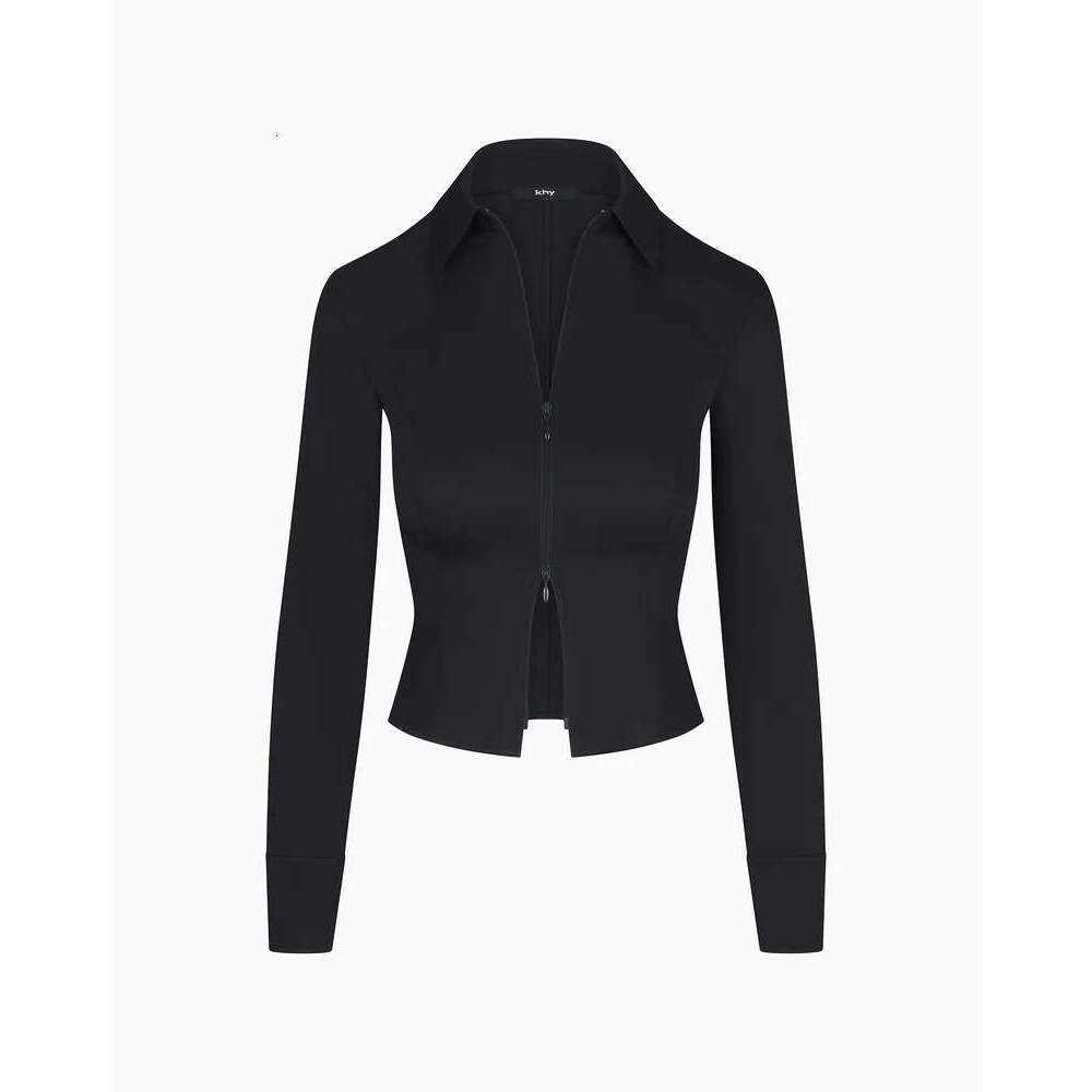 Kylie Same Style~Khy Poplin Double Zipper Short Shirt Drop007 Stand Up Collar Slimming Top