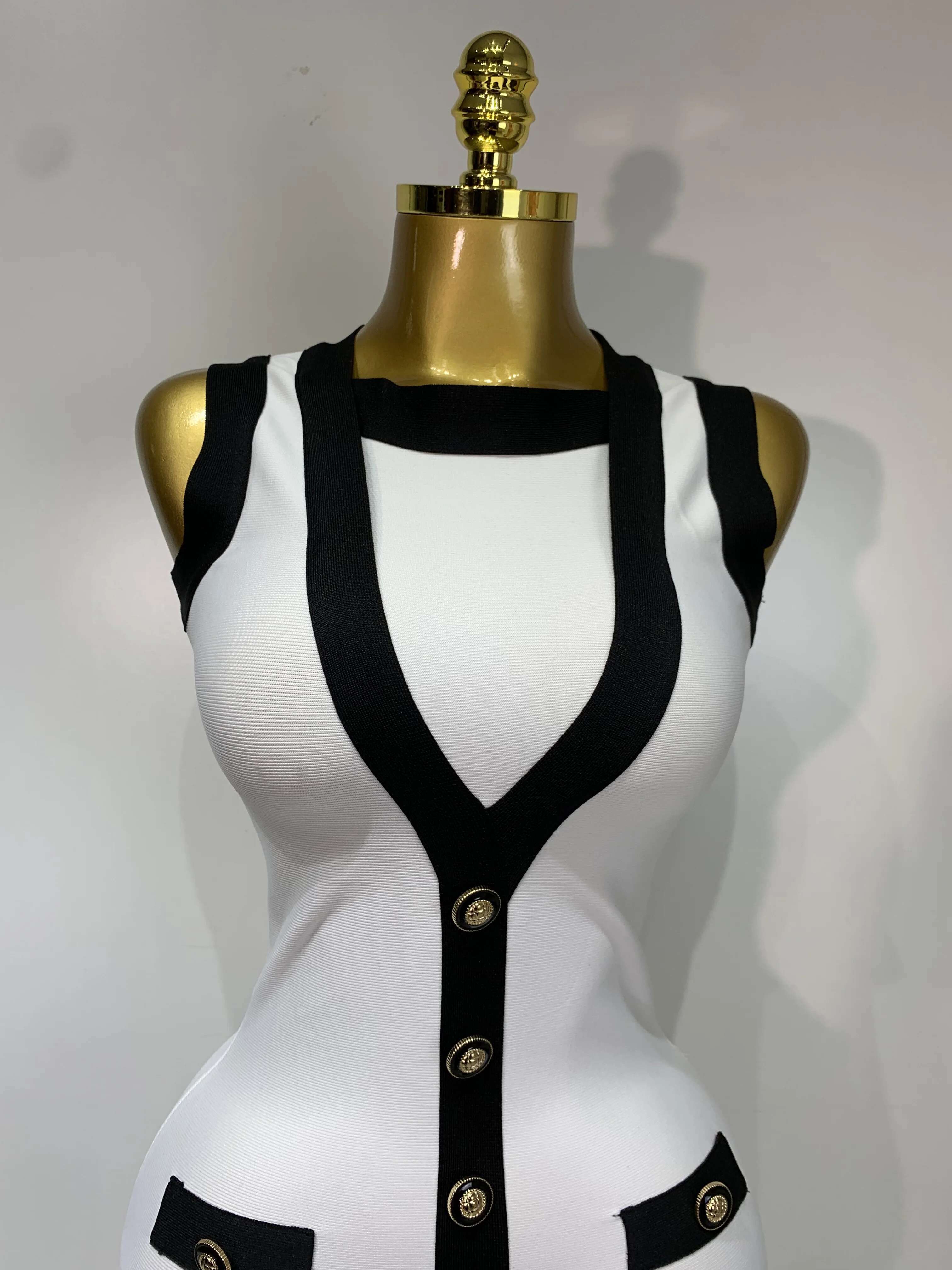 Women Sexy Backless Black White Button Mini Bandage Short Celebrity Elegant Evening Party Holiday Club Dress