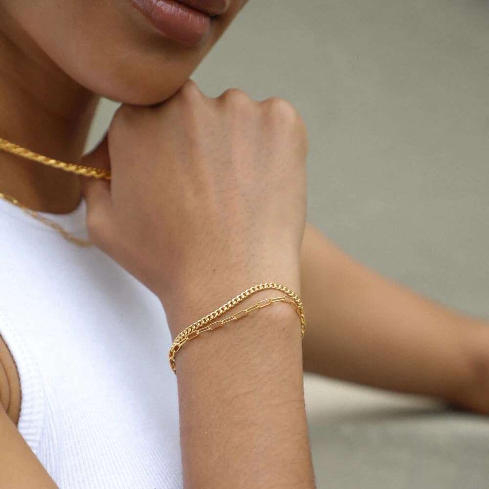 Ladies' fashionable 14K real gold-plated exquisite stackable paper clip Cuban chain gold cuff bracelet, jewelry gift adjustable 17.78cm+5.08cm