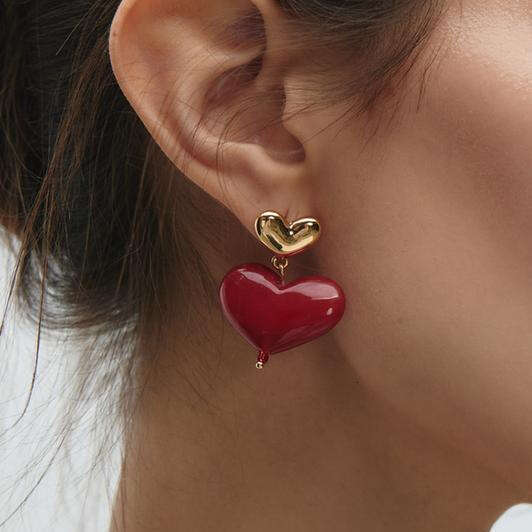 Retro Red Enamel Heart Drop Earrings Minimalist Stylish Sexy Versatile Women Daily Wear