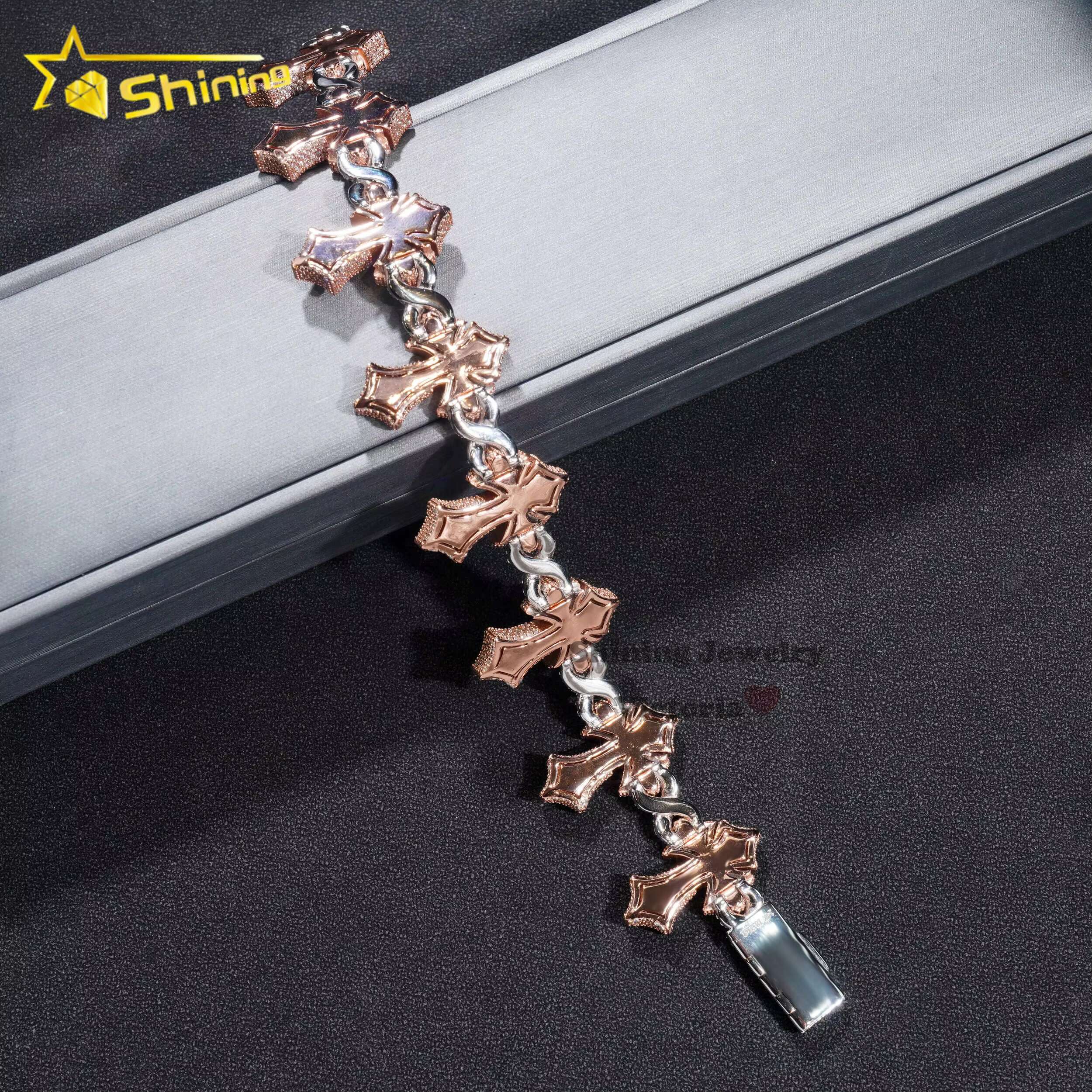 Solid Silver Infinity Cross Design S925 White Gold Mix Rose Gold Plated Hip Hop Jewelry Side Iced Moissanite Cuban Bracelet Men