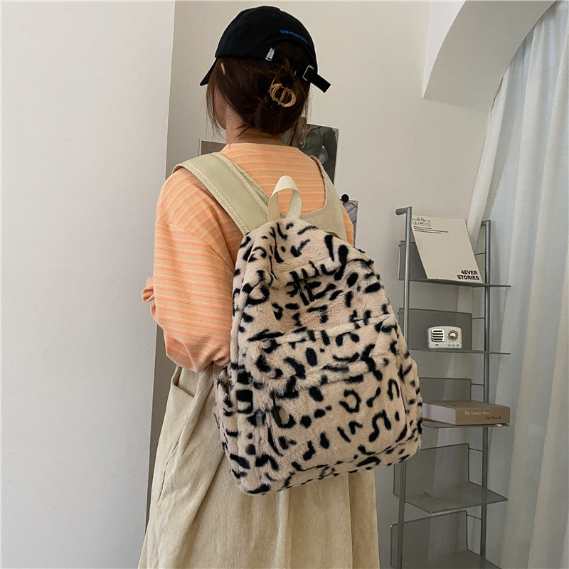 Fashion backpack leopard print plush bag female simple commuter student schoolbag female bag