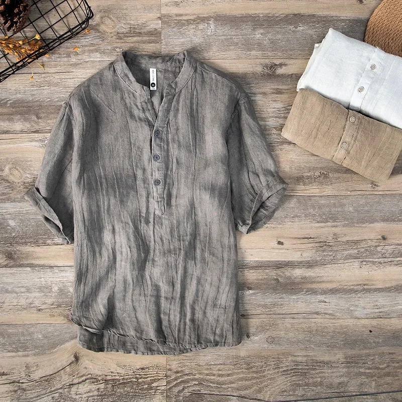 Summer pure linen short sleeved mens T-shirt thin solid color ultra-thin mens clothing plus size BL888 250328