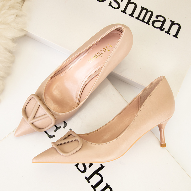 2025 European and American style fashionable banquet high heels women's shoes with thin heels high heels shallow mouth pointed toe metal buckle s