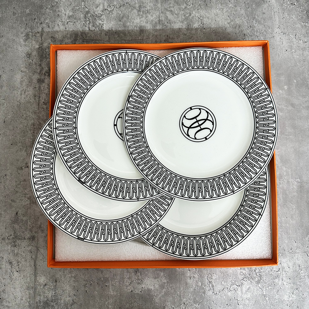 4 Pcs 8 inch European Line Pattern Ceramic Dinner Steak Plate Bowl Kitchen Cutlery Fruit Bowl Sugar Bowl Dishes Complete Tableware