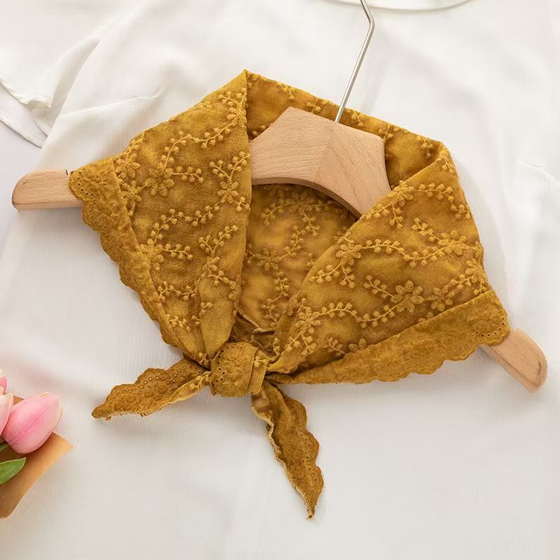 T386 Spring and summer all-match simple cotton triangle scarf women's small scarf flower embroidery decoration yellow scarf Korean version of sma