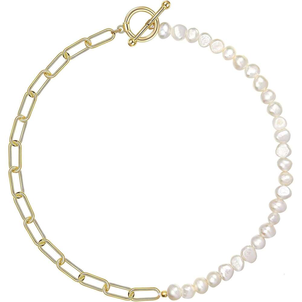 Paper Clip Pearl Necklace Vintage Chunky k Chain Baroque Cultured Pearls Gold Choker Fashion Retro Charm Valentine Jewelry for Women Girls
