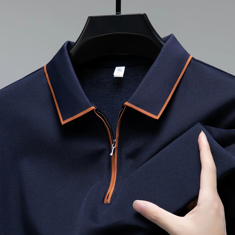 Lightweight long sleeved mens polo shirt with automatic fashion lapel and half zipper n premium silk casual Tshirt 250321