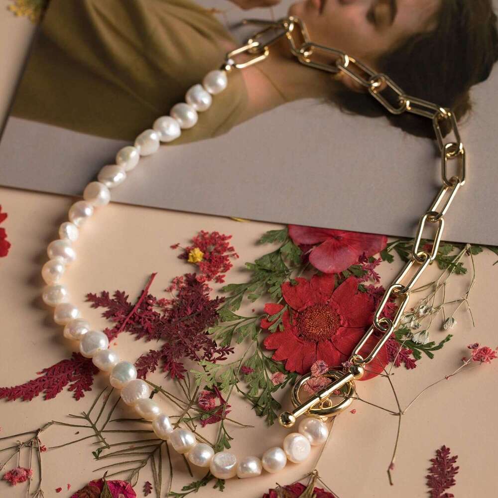 Paper Clip Pearl Necklace Vintage Chunky k Chain Baroque Cultured Pearls Gold Choker Fashion Retro Charm Valentine Jewelry for Women Girls