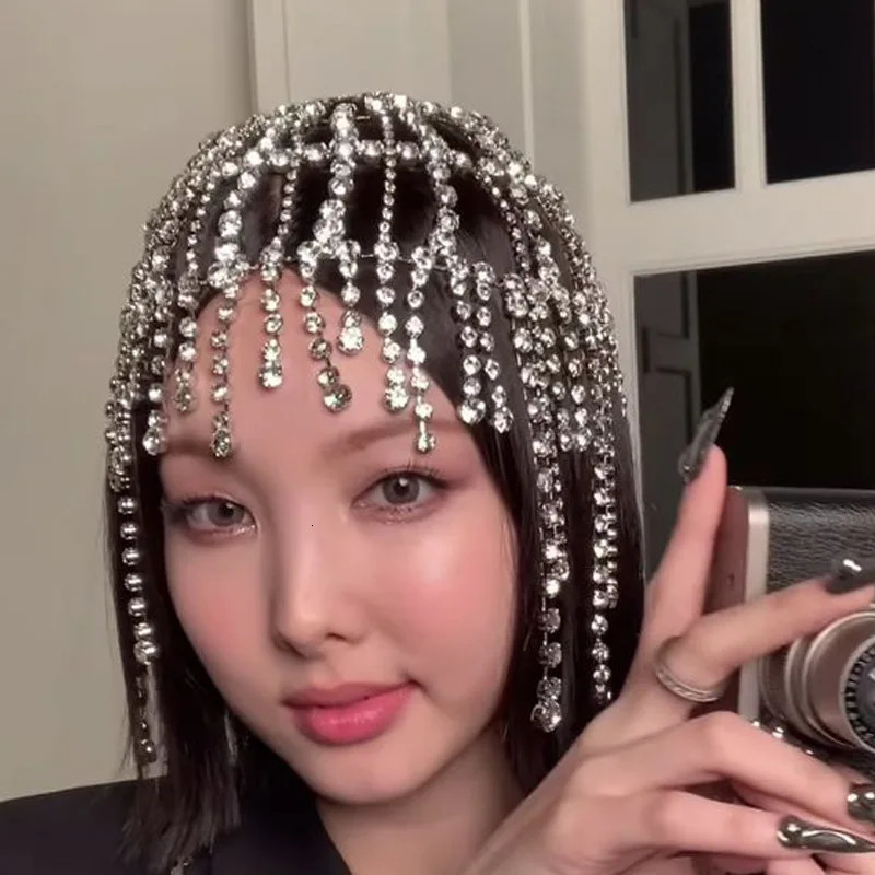 Fashion Style Full Rhinestone Inlay Fringe Mesh Hair Accessories Stage Catwalk Headwear250403
